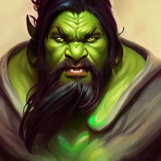 Prompt: character portrait, green skin, beautiful eyes angry, handsome d & d orc ; monk ; with black hair and black beard, alphonse mucha, rhads, ross tran, dungeons and dragons character art commission, artstation, artgerm, 8 k
