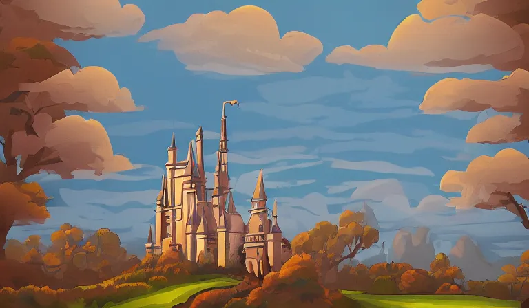 Prompt: A serene landscape with a singular building in the style of Walt Disney.