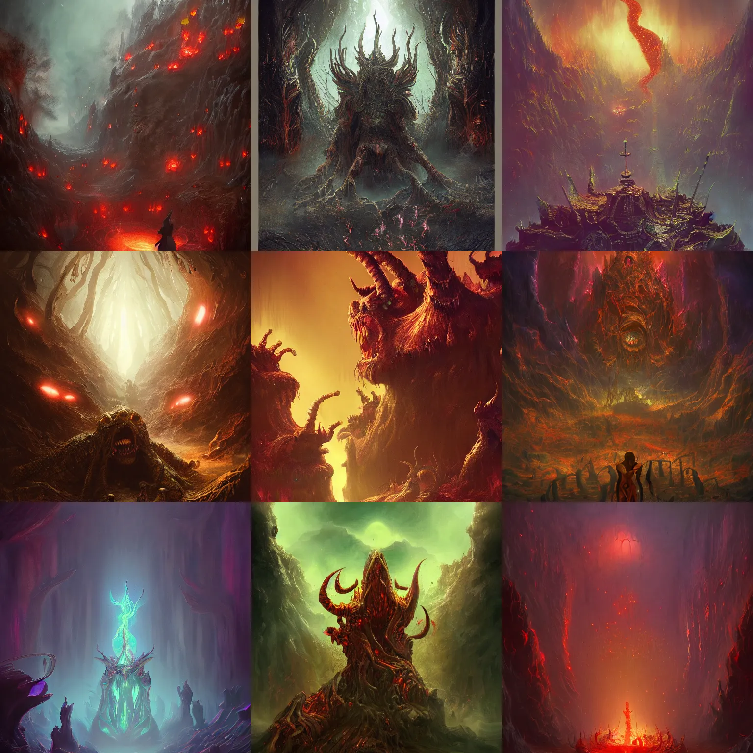 Prompt: a doomed shimmering magical hell with eerie shimmering creatures, cinematic, by guillermo lorca, trending on artstation,