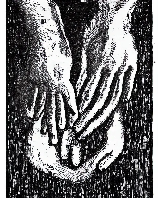 Prompt: a black and white drawing of hands surrounded by fog, a woodcut by jacques callot, pixabay, vanitas, woodcut, logo