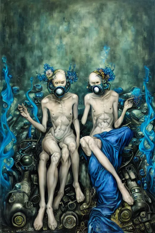 Image similar to two exhausted, skinny, fleshy figures, wearing ornate gas masks and silky green and blue scrubs, sit next to a fireplace with swirling blue flames inside a deserted hospital, ayami kojima, karol bak, hauntingly surreal, highly detailed painting part by james jean, jenny saville, soft light 4 k