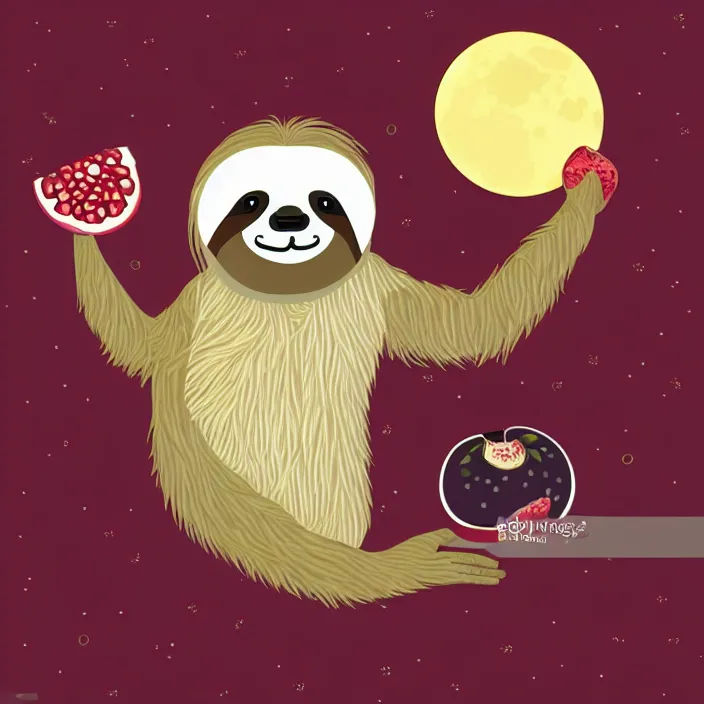 Image similar to sloth enjoying a pomegranate under the moonlight, vector graphics, cool