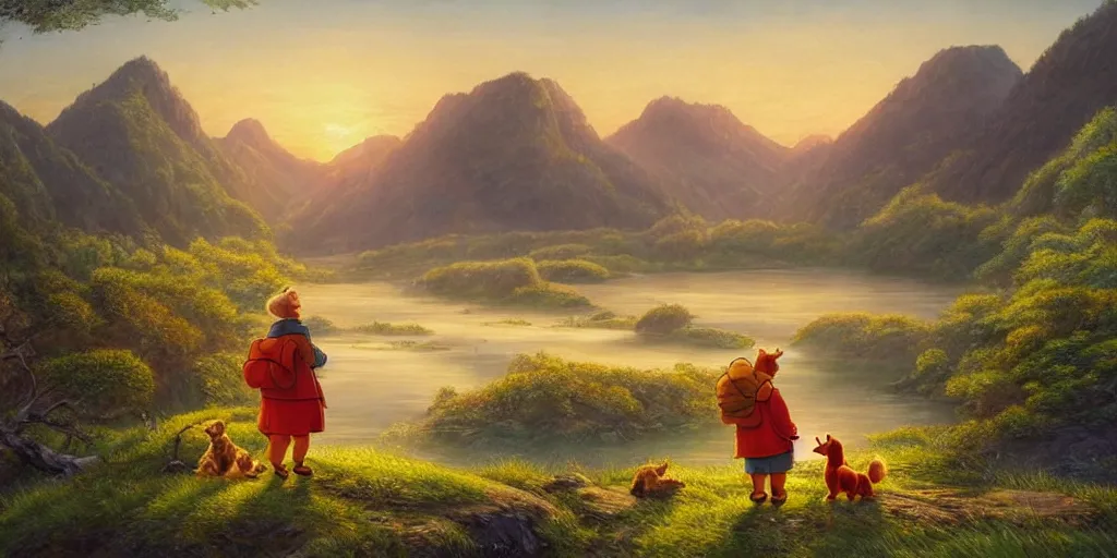 Image similar to A majestic landscape featuring a river, mountains and a forest. A group of birds is flying in the sky. There is an old man with a dog standing next to him. The man is wearing a backpack. They are both staring at the sunset. Cinematic, very beautiful, painting in the style of Winnie the pooh