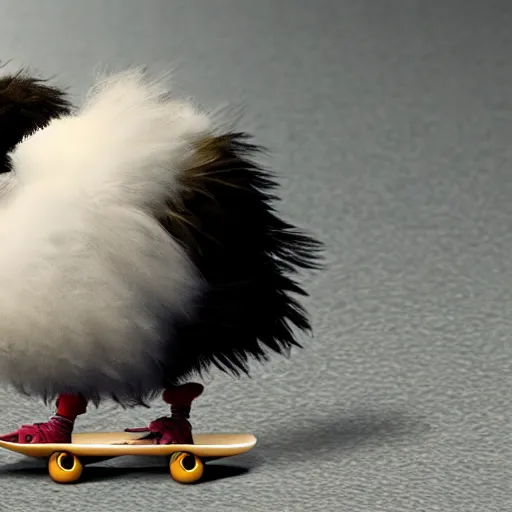 Image similar to fluffy chick riding skateboard, photorealistic