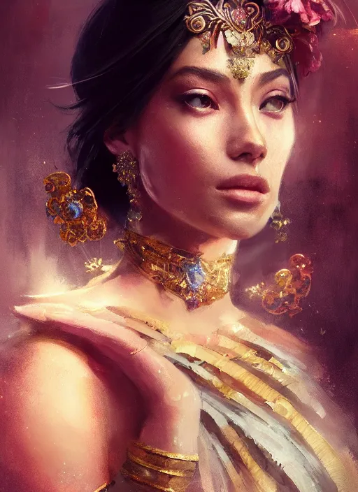 Prompt: A fancy portrait of a beautiful goddess by Greg Rutkowski, Sung Choi, Mitchell Mohrhauser, Maciej Kuciara, Johnson Ting, Maxim Verehin, Peter Konig, final fantasy, 8k photorealistic, cinematic lighting, HD, high details, dramatic, atmospheric , trending on artstation