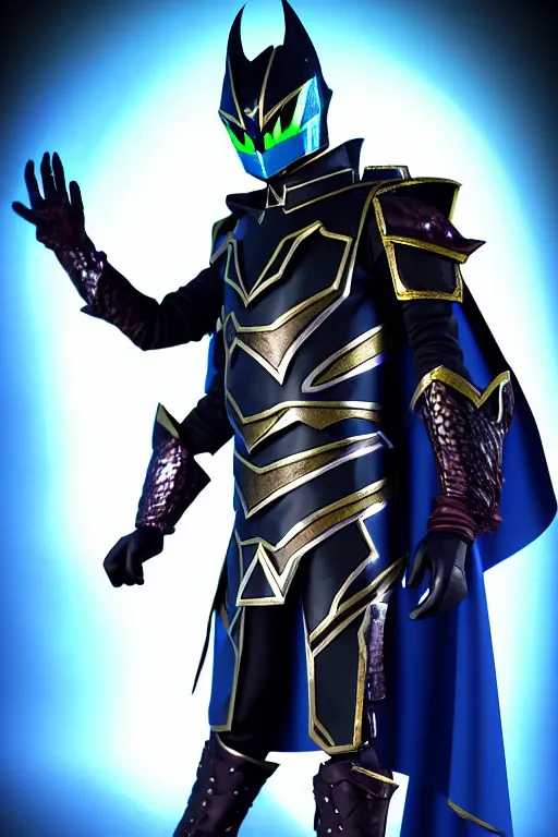 Prompt: High Fantasy Kamen Rider with a flowing cape, single character full body, 4k, rock quarry location, daytime, glowing eyes, rubber suit, dark blue segmented armor, fantasy inspired segmented dragon armor, ultra realistic, high quality, cinematic, centered, cinematography