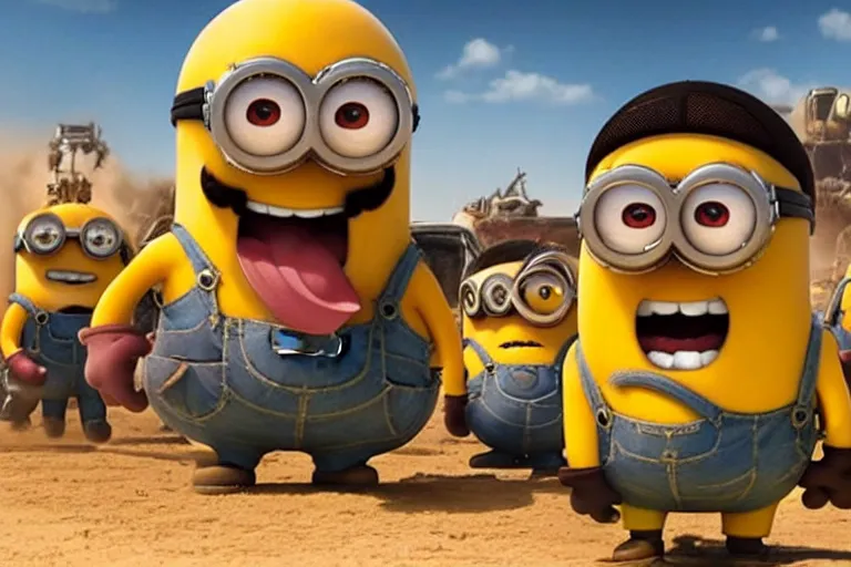 Prompt: a Minions vs super Mario , yellow and red, mechabot, in the Movie Mad Max: Fury Road 2015, epic sandstorm battle, action