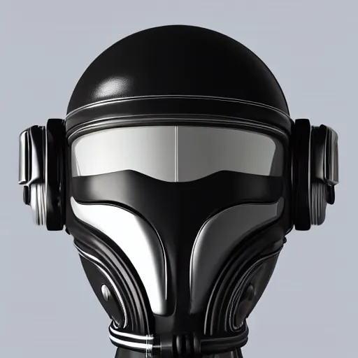 Prompt: Realistic product photo of symmetrical black alien space helmet, hoses, artstation, 3d, octane render, top light, gray background