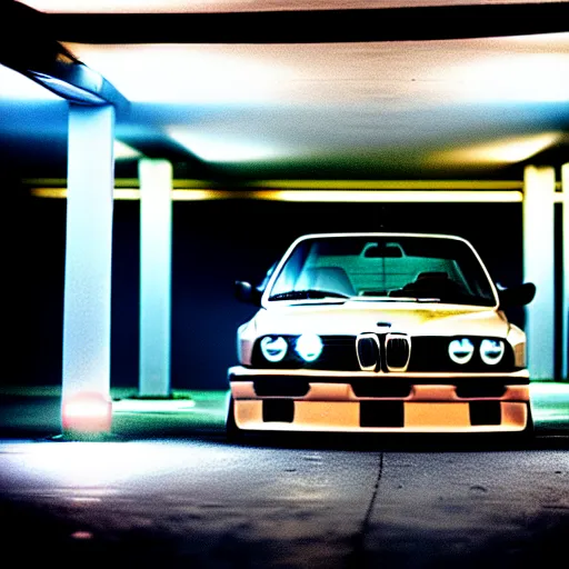 Image similar to a modified bmw e 3 0 with lights on in a futuristic neon parking garage, 3 5 mm photography, car photography, clean lines, realistic