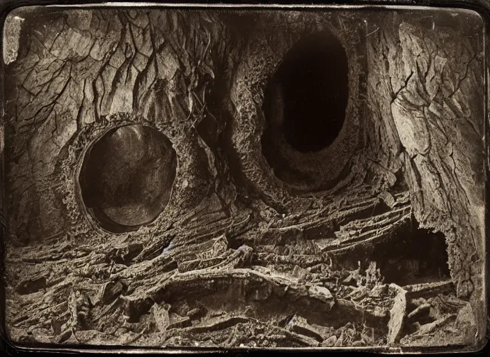 Prompt: old wetplate daguerreotype landscape with huge black sinkholes, dubbel negative exposure, explosion of data fragments, fractal, intricate, elegant, highly detailed, parallax, leica, medium format, subsurface scattering, by jheronimus bosch and greg rutkowski and louis jacques mande daguerre