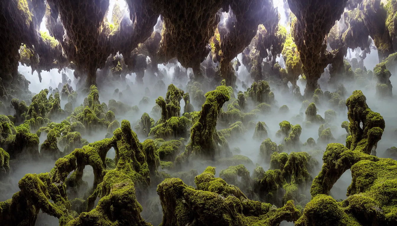 Prompt: wet expansive caves with growing fungal mycelium biodiversity ,deep boiling pools of water reflecting the surfaces around them spraying steam high into the air , small futuristic cities emerge in between the rock formations, dramatic dusk sun illuminates areas and cast strong shadows, volumetric light through the boiling mist ,detailed entangled fibres carpet the fallen rocks , tree roots puncture and crack rocks , stormy clouds gather in the distance ,full colour , upscale , 8k