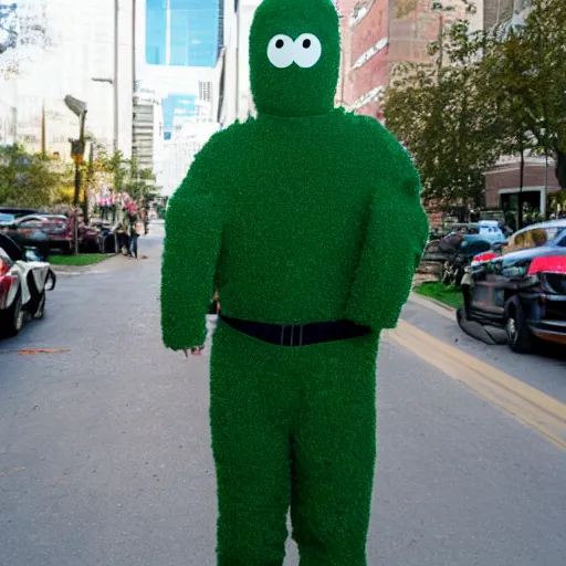 Image similar to christian bale wearing a kale costume