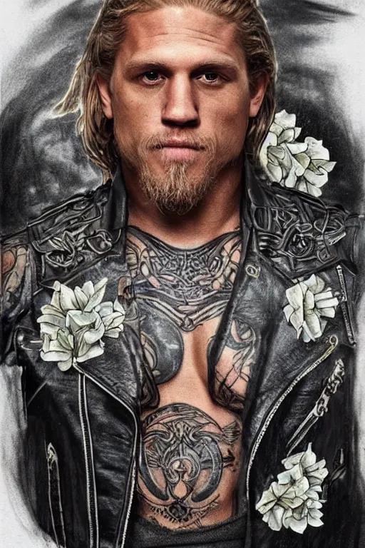 Image similar to Photorealistic half body Portrait of Jax Teller as a very attractive muscular biker, all his skin covered by flowers, elvish symbols and and dark grim themed tattoos. surrounded by magic lightings overlays, Intricate, concept art, magic lighting overlays, magical portal opened, D&D!, fantasy style, sharp focus!, ultra detailed, art by Artgerm and Peter Andrew Jones, WLUP, Magali Villeneuve