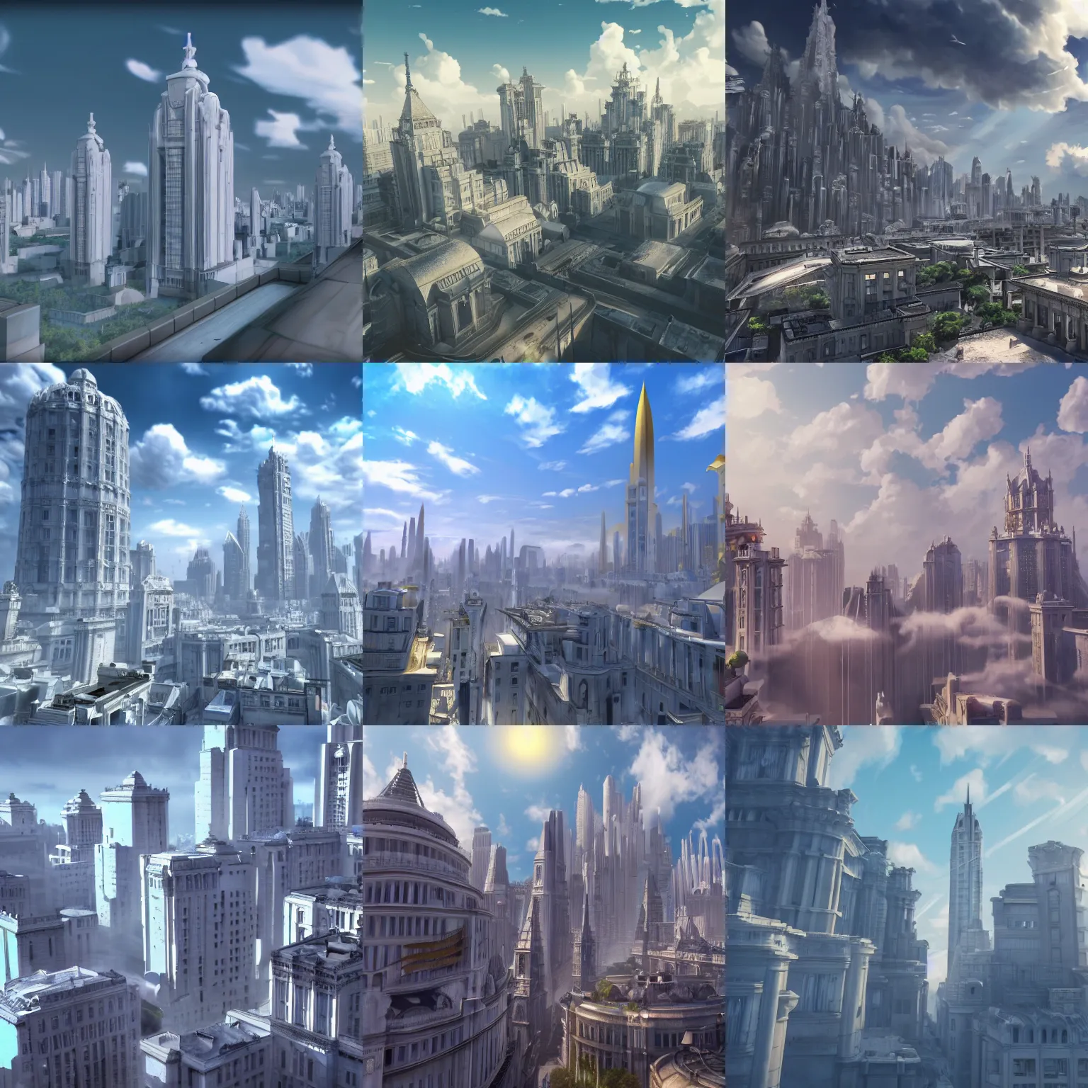 Prompt: fantasy city, white marble buildings, metropolis, high towers, clouds, artstation, anime, high realism, anime, 8k, unreal engine
