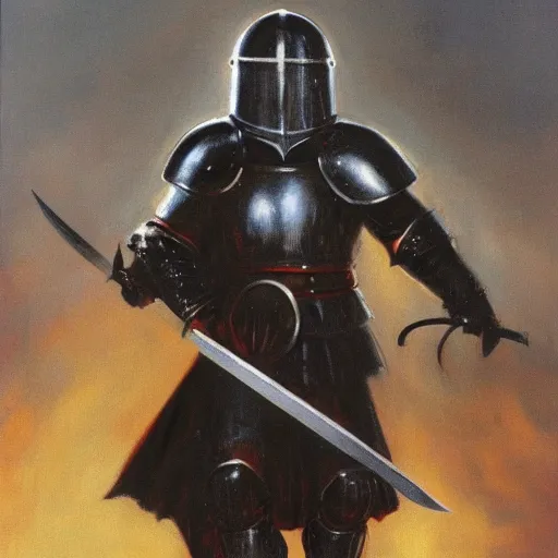 Prompt: a knight in black plate armour, holding a sword pointed to the ground, painted by ken kelly