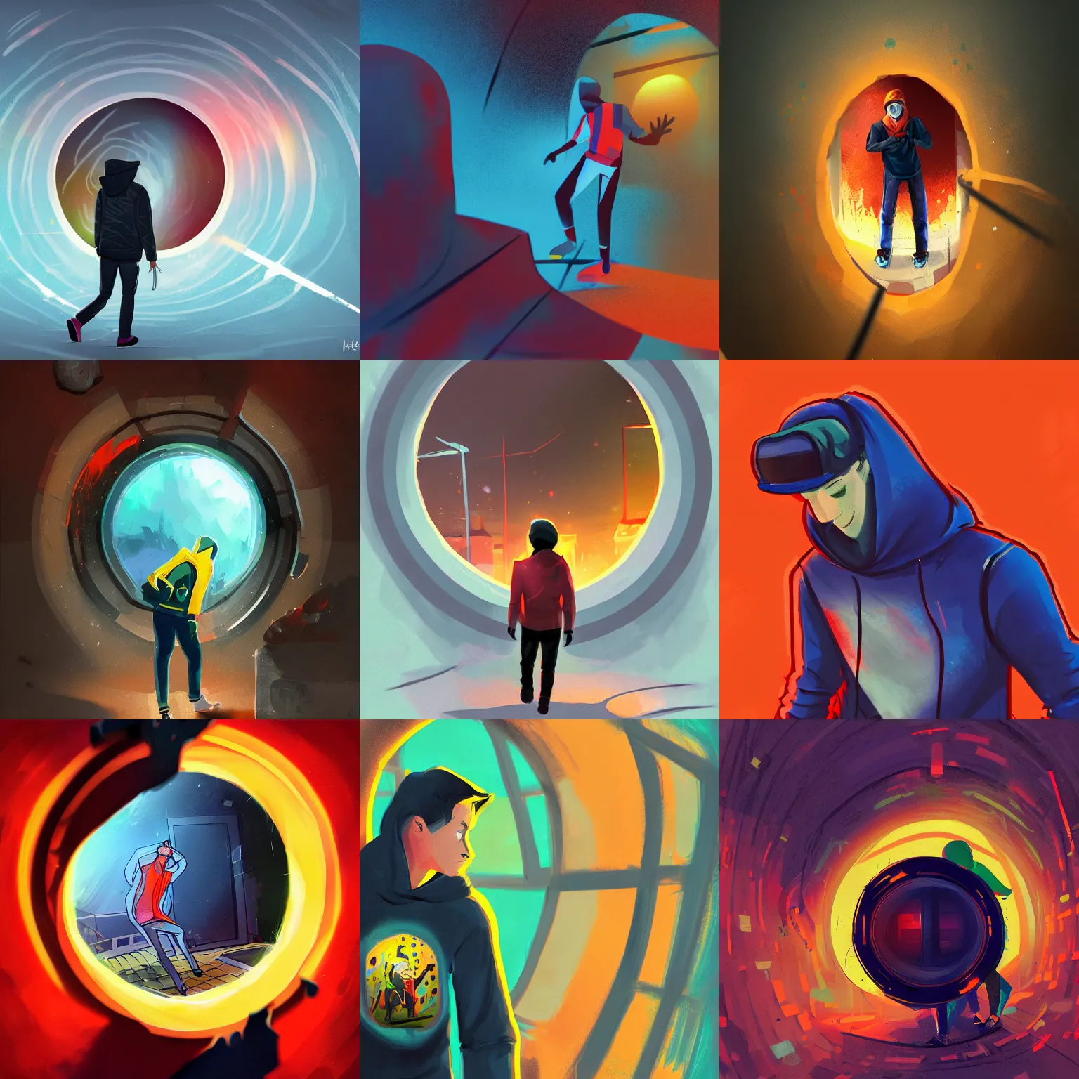 Prompt: through a peephole young man stepping out of an explosion, digital painting, concept art, hoodie, smooth, sharp focus, bright colors, illustration, artwork by hethe srodawa