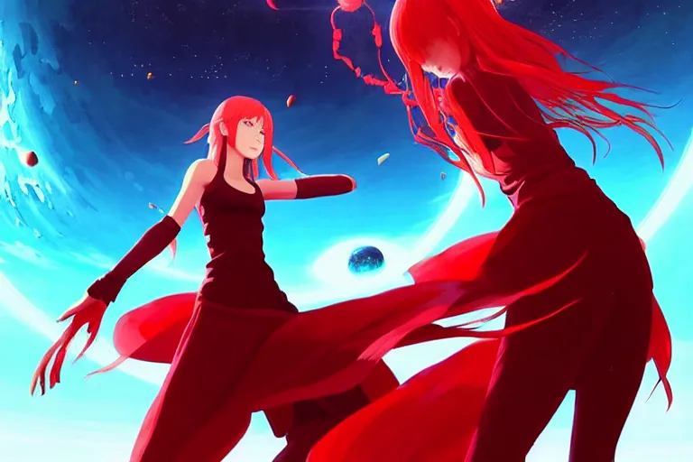 Prompt: red dressed summoner girl fighting against outer gods with their creatures. floating planets on the background, box office hit, fantasy and cosmic horror movie, unreal engine, intricate, highly detailed 8 k, ambient occlusion, extremely beautiful and aesthetic shape of face and body, art by hiroaki samura and ilya kuvshinov and rossdraws