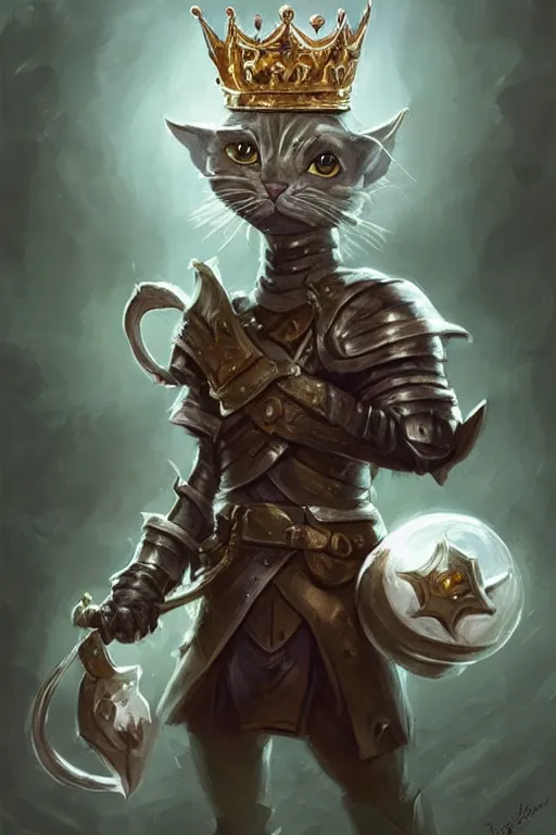 Image similar to cute little anthropomorphic cat knight wearing a cape and a crown, tiny, small, miniature cat , baby animal, short, pale blue armor, cute and adorable, pretty, beautiful, DnD character art portrait, matte fantasy painting, DeviantArt Artstation, by Jason Felix by Steve Argyle by Tyler Jacobson by Peter Mohrbacher, cinematic lighting