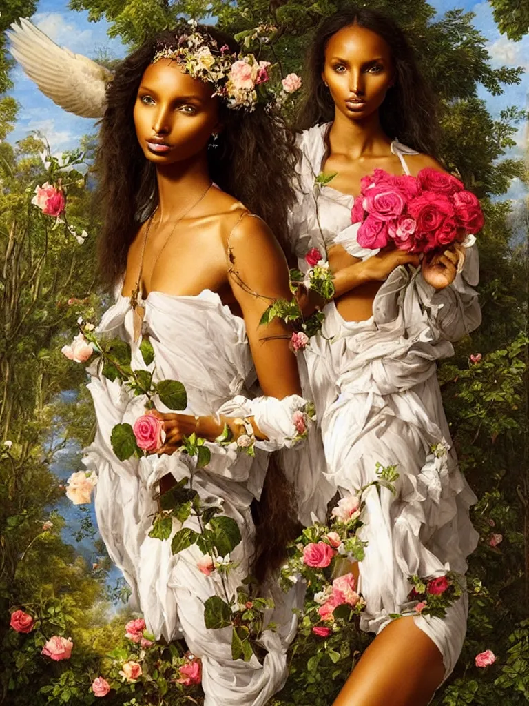 Image similar to jasmine tookes is the goddess of love : : background of roses, myrtle, doves : : rococo, academicism