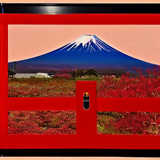 Prompt: a photograph of mount fuji with a holographic red tori gate on top