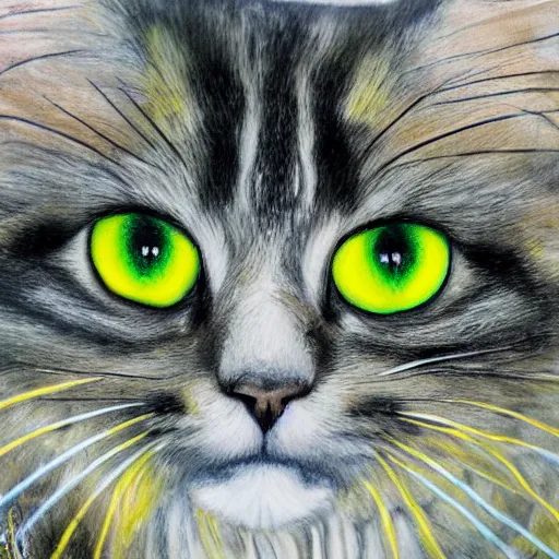 Prompt: portrait of a very fluffy dark tabby cat with green eyes, starlight, full body, smiling cat, golden colors, jewelry, intricate, elegant, highly detailed, smooth, sharp focus, illustration, art by gustav klimt