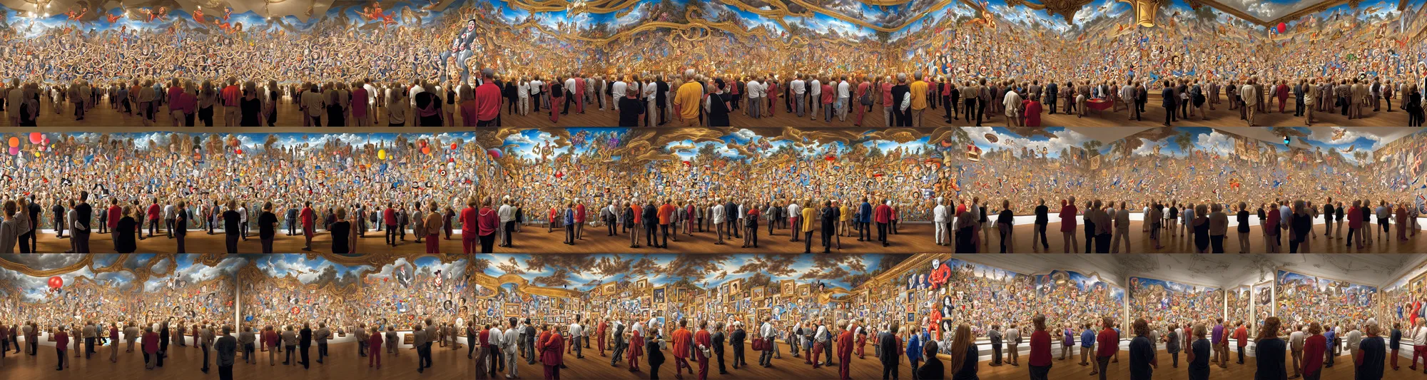 Prompt: a luxurious, triumphant, and ultradetailed mural, depicting a gallery exhibition of a hundred unique framed hyperrealist portraits of clowns