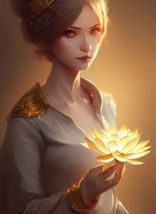 Image similar to female magician, wide angle view, lotus, flowers, gold, diamonds, highly detailed, artgerm, cushart krenz, artstation, soft light, sharp focus, illustration, character design, concept art