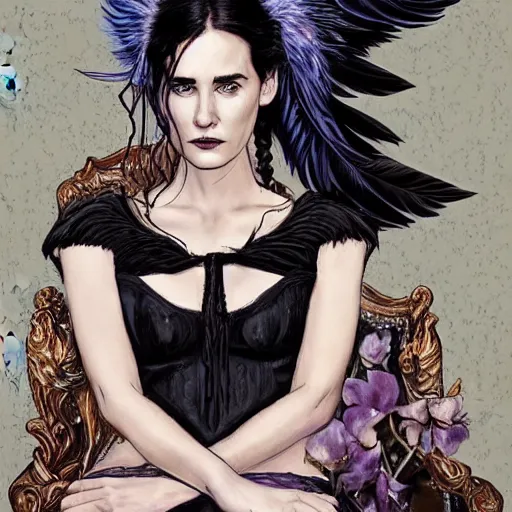 Image similar to young innocent jennifer connelly as innocent gothic beauty with black feathers instead of hair, eyes closed, mutant, sad, feathers growing out of skin, sitting in opulent chair, romantic, comic book cover, vivid, beautiful, illustration, highly detailed, rough paper, dark, oil painting