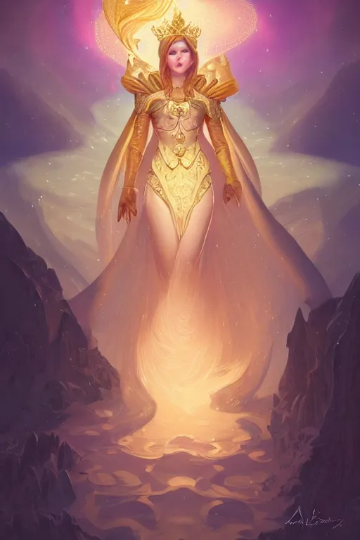 Image similar to beautiful female queen, full body shot, short hair, d & d, golden trims, ethereal background, aurora borealis, fantasy, intricate, elegant, highly detailed, digital painting, artstation, concept art, matte, sharp focus, illustration, hearthstone, art by artgerm and greg rutkowski and alphonse mucha