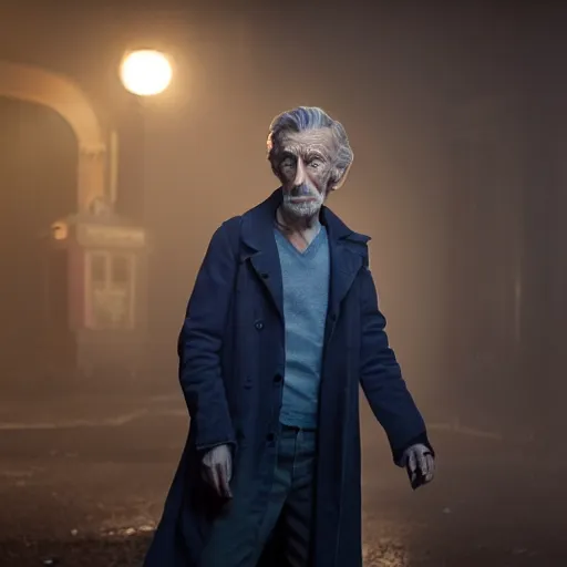 Image similar to tom holland as a rough dirty old man with a scruffy beard in a dark blue trenchcoat as the new doctor who, cinematic, volumetric lighting, f 8 aperture, cinematic eastman 5 3 8 4 film, photorealistic