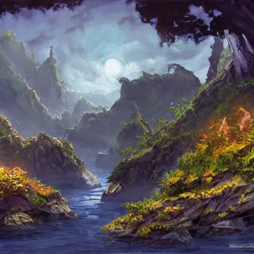 Prompt: a mysterious island, painting, in the style of magic the gathering, fantastical, concept art