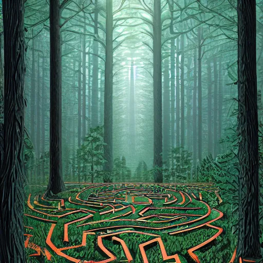 Prompt: a maze in the forest, digital painting by Dan Mumford, panoramic view, light and shadow