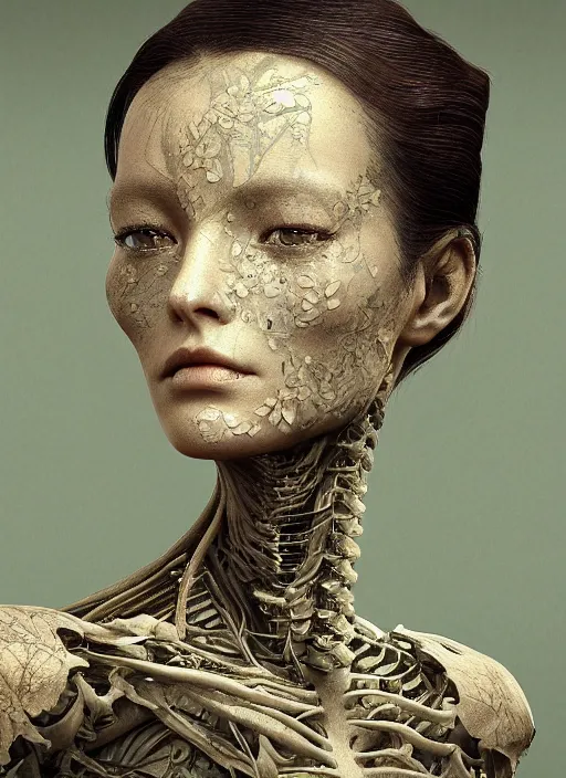 Image similar to a female android's face in profile, made of leaf skeletons, in the style of the Dutch masters and Gregory Crewdson, dark and moody intricate traditional Chinese textures, rococo decorations, hyper detail, Unreal engine,Octane render, by Karol Bak