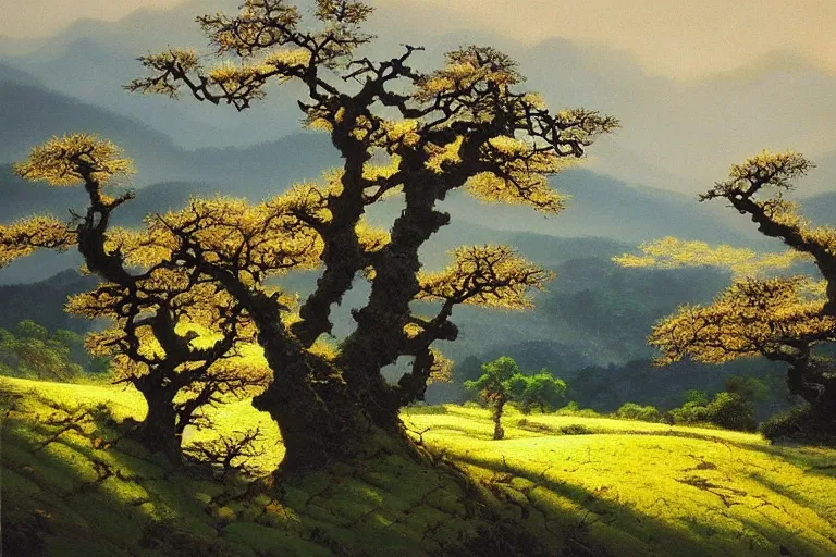 Prompt: masterpiece painting of oak trees on a hillside overlooking a creek, dramatic lighting, by kazuo oga