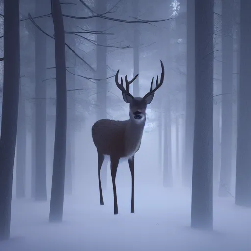 Prompt: furry deer in misty forest, night, glow, 4 k photorealistic, cinematic, hyper realism, high detail, octane render, unreal engine 5