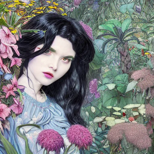 Image similar to marceline the vampire queen, exterior botanical garden, portrait face, colorful, frantisek kupka, intricate, miles johnston, kuroda seiki, cynical realism, ozabu, john william godward, painterly, yoshitaka amano, moebius, miles johnston, louise zhang, james jean, mark ryden lowbrow pop surrealism art style