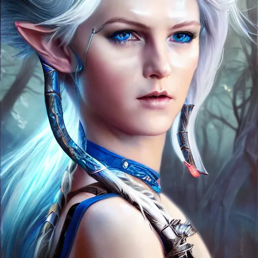 Prompt: detailed photo of elven archer girl, white hair, blue eyes, beautiful, 8 k, by tristan eaton, stanley artgermm, tom bagshaw, greg rutkowski, carne griffiths, trending on deviantart, hyper detailed, glorious lighting, epic environment