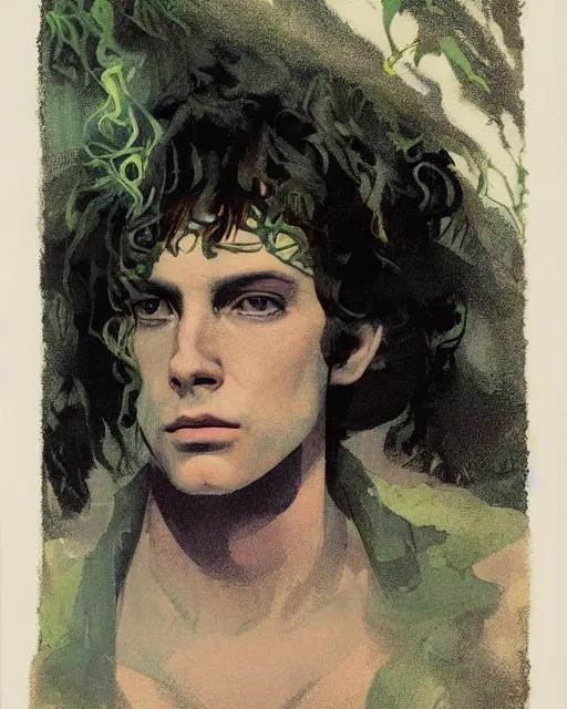 Image similar to a beautiful but sinister young man in layers of fear, with haunted eyes and wild hair, 1 9 7 0 s, seventies, woodland, a little blood, moonlight showing injuries, delicate embellishments, painterly, offset printing technique, by brom, robert henri, walter popp