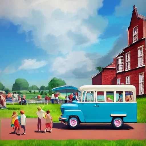 Prompt: digital matte glossy painting nostalgic 1 9 5 0 s ice cream truck, summer day concept art, vivid cloudy sky, children and village britain, detailed in the style of trevor mitchell