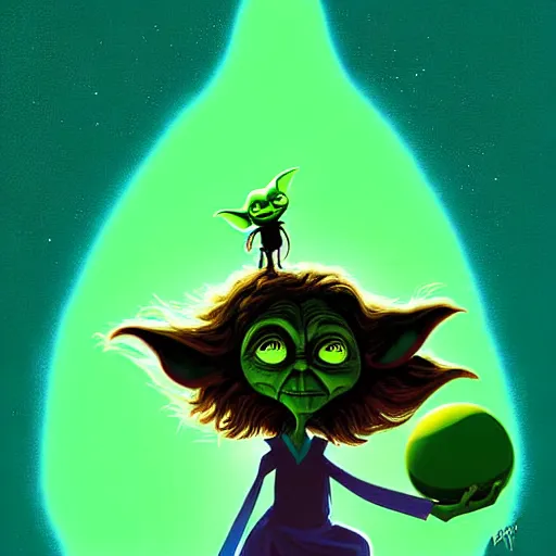 Image similar to curled perspective digital art of curly brown hair girl playing ball with yoda by anton fadeev from nightmare before christmas