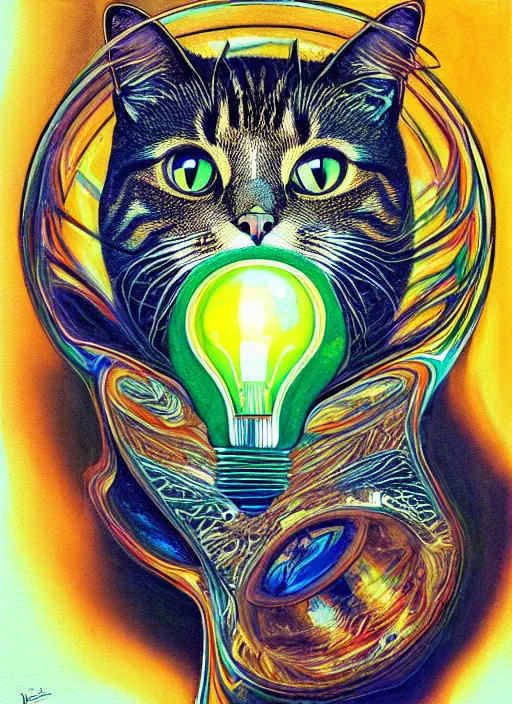 Image similar to portrait of a cat's head inside an upside down light bulb, modern fine art, intricate, elegant, subsurface scattering, highly detailed pop art painting, organic acrylic flow art, psychedelic fractal art, acrylic art, watercolor, featured on deviantart