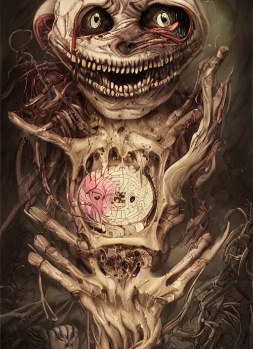 Image similar to Angry Cheshire Cat brewing tea, Death Tarot card,highly detailed,half skull face,cinematic,8k,by Stanley Artgermm,Tom Bagshaw,Greg Rutkowski,Carne Griffiths, Ayami Kojima, Beksinski, Giger,trending on DeviantArt,hyper detailed,horror, full of colour