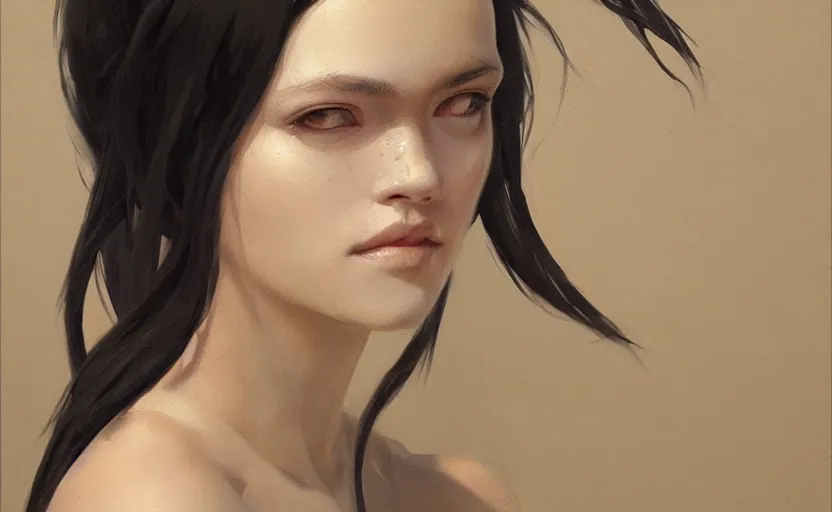 Image similar to a painting of aki trending on artstation in the style of greg rutkowski, beautiful, sensual, natural skin, horns on head, long black hair