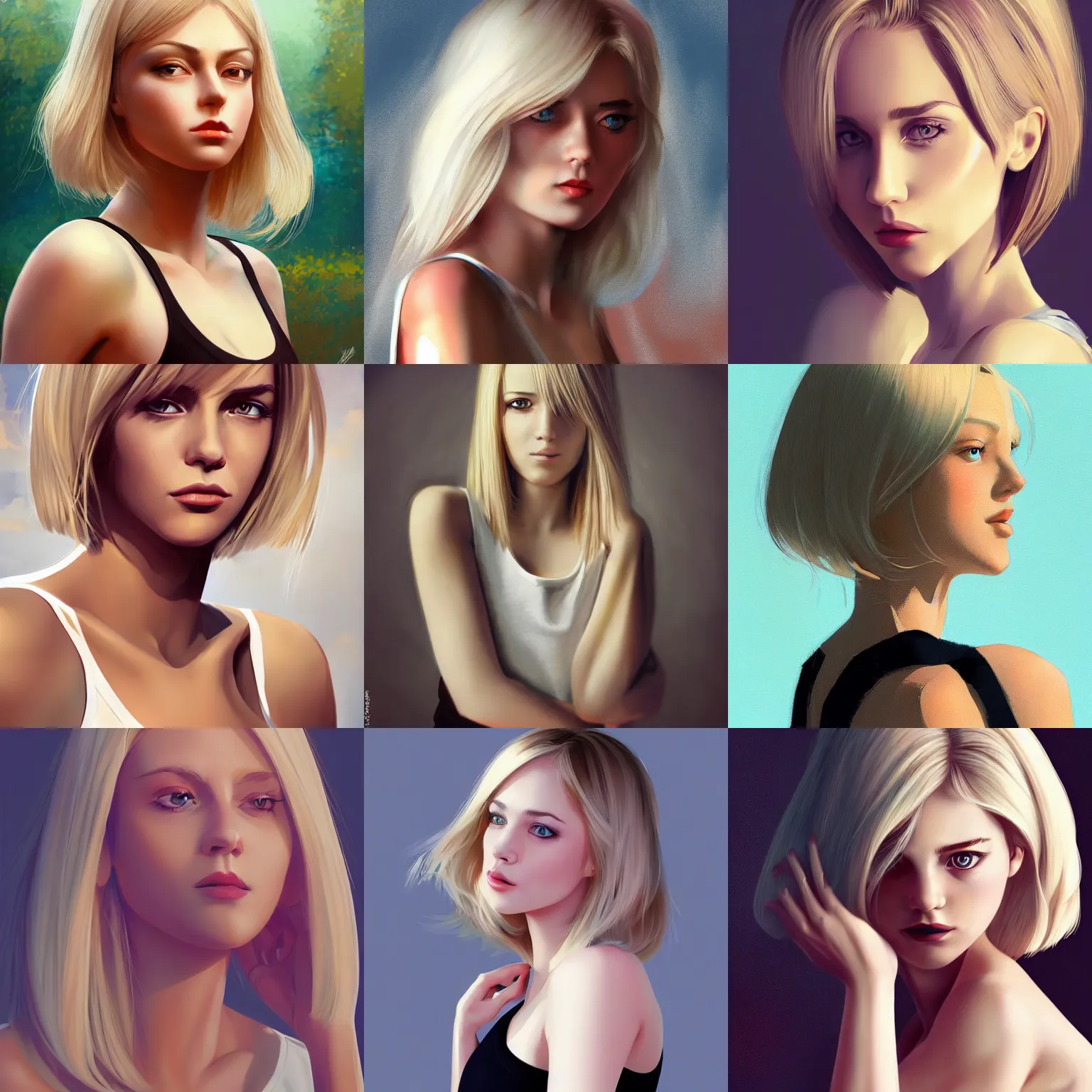 Prompt: gorgeous woman 28 years old, wearing a tanktop, with light blonde shoulder-length hair, in the style of Ilya Kuvshinov and mark arian