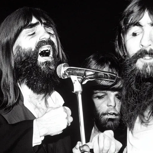Prompt: charles manson singing with the beatles, black and white, high quality photography, realistic, detailed, uncropped, realistic face,