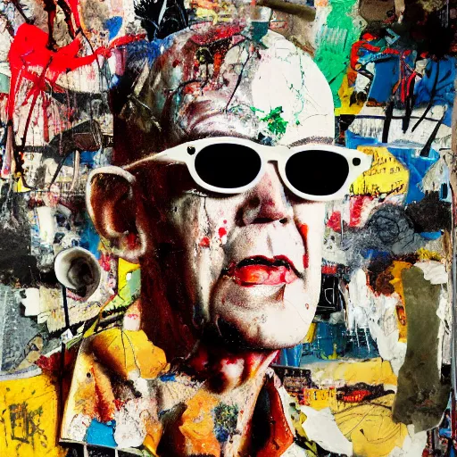 Image similar to hyperrealistic, photorealistic, mixed media oil painting of hunter s thompson, magazine scraps, plaster, blood, oil, mustard, splatter, greg rutkowski, basquiat, ralph steadman, wesley kimler, terry gilliam, andy warhol, dali