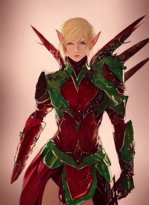 Image similar to Full body portrait of a beautiful young blonde short haired elven princess wearing red, green and gold armour robe. In style of Yoji Shinkawa and Hyung-tae Kim, trending on ArtStation, dark fantasy, great composition, concept art, highly detailed.