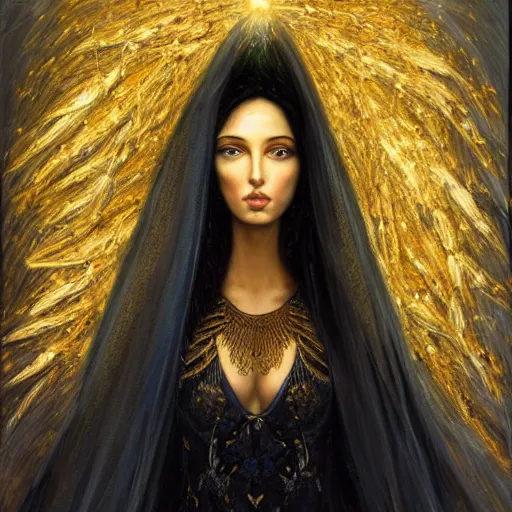 Prompt: beautiful gorgeous pristine italian Goddess of life with a veil, dark Goddess of artificial intelligence creating an artificial neural network with gold synapses on an anvil with her scythe, high resolution, award winning art, trending on art station, sharp image, incredibly detailed, detailed character, realistic painting, hyper-realistic painting, coherent painting, master piece by ramon y cajal