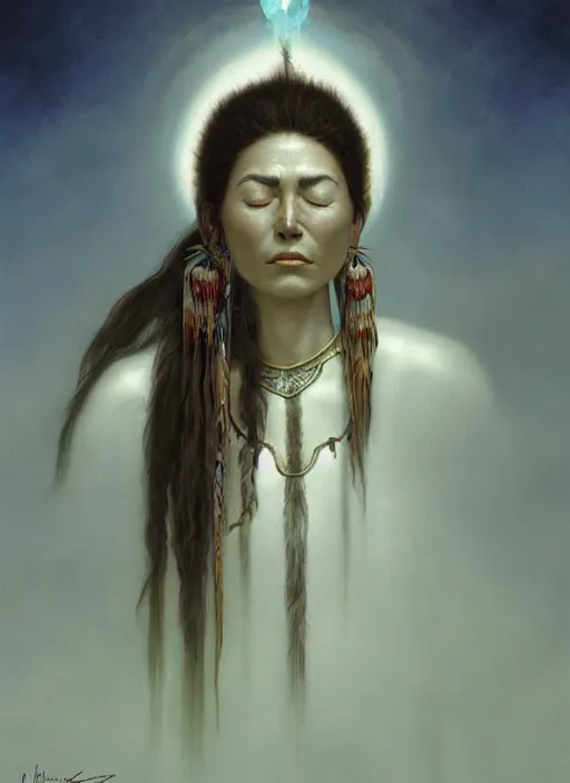 Prompt: a beautiful portrait of a female shaman with eyes closed feeling her heart, designed by dr seuss and michal karcz, by christophe vacher