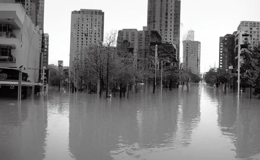 Image similar to a cityscape after a flood, 35mm